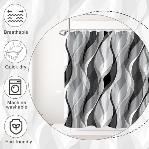 Grey Striped Shower Curtain with Hooks for Bathroom 72x84 Inch