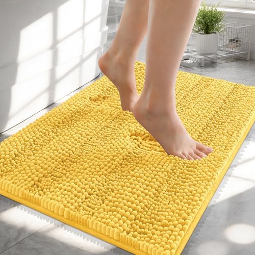 OLANLY Thick Small Bathroom Rugs 24x16, Soft Chenille Bath Rugs, Yellow