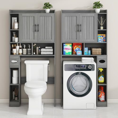 Vabches Farmhouse Over The Toilet Storage Cabinet with Barn Door, Wash Grey