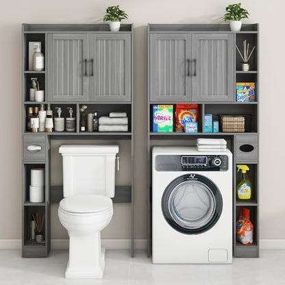 Vabches Farmhouse Over The Toilet Storage Cabinet with Barn Door, Wash Grey