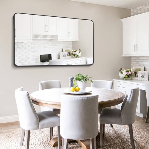 FORBATH Large Bathroom Mirror 36 x 55 Inches，Black Large Wall Mirror Aluminum Frame Wall Mounted Rounded Corner Morndern Mirror for Bathroom Bedroom Entryway Living Room