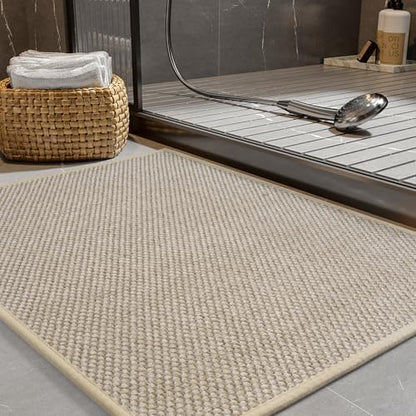 PADOOR Non-Slip Bath-Mats, Rubber-Backing Braided Absorbent Bathroom Mat Machine Washable Thin Bathroom Rugs Fit Under Door Quick Dry Bath Rugs for Floor, 24''x35'' Light Beige