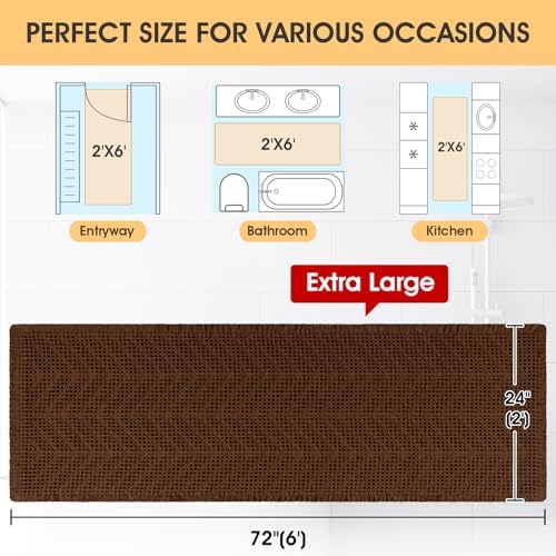 Extra Large Waffle Bath Mat, Boho Woven Modern Bath Rug Absorbent Non Slip, Ultra Soft Bathroom Mats, Machine Washable Knit Bath Rugs with Herringbones for Bathroom, Bedroom, Kitchen, 6'x2', Brown