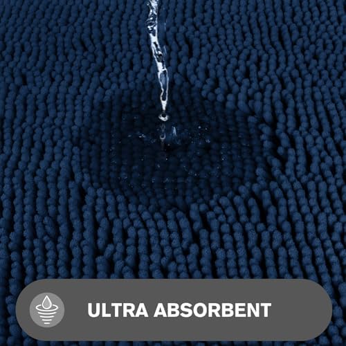 Navy Blue Bathroom Rugs Sets 2 Piece – Absorbent and Washable Bath Mat, Non-Slip, Thick Soft Chenille Bath Rugs for Bathroom Floor, Shower, Sink - 20" x 32"+24" x 36"