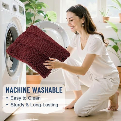 Grandaily Chenille Striped Bathroom Rugs 44x24, Extra Thick and Soft Absorbent Bath Mats, Rubber Backing, Plush Shaggy Shower Carpet, Machine Wash Dry, Bath Rug for Bathroom, Reddish Brown