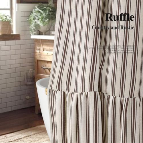 Farmhouse Shower Curtain Ruffle Linen Cream-Brown Stripe 48"W x 72"L
