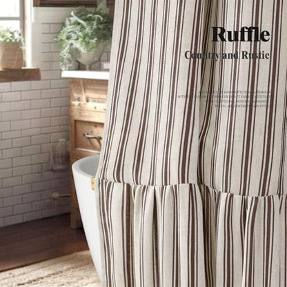 Farmhouse Shower Curtain Ruffle Linen Cream-Brown Stripe 72"W x 75"L