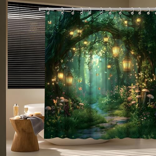 Fantasy Forest Path Shower Curtain Fairy Magical Enchanted Misty Jungle Mushroom Floral Tree Butterfly Lantern Wonderland Bath Curtain Fabric Bathroom Accessories Decor with Hooks 70W x80L