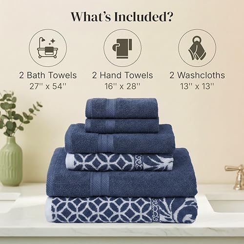 Modern Threads 6 Piece Bath Towel Set – Bathroom Set with 2 Bath Towels, 2 Hand Towels, and 2 Wash Cloths – 100% Cotton, Super Absorbent & Extra Soft – Reversible Botanical Vine (Navy)