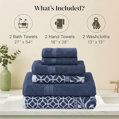 Modern Threads 6 Piece Bath Towel Set – Bathroom Set with 2 Bath Towels, 2 Hand Towels, and 2 Wash Cloths – 100% Cotton, Super Absorbent & Extra Soft – Reversible Botanical Vine (Navy)