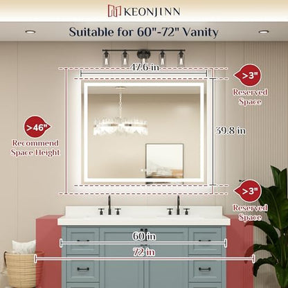 Keonjinn 48x40 Inch LED Bathroom Mirror with Lights, Frontlit & Backlit