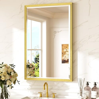 Keonjinn Brushed Gold Bathroom Mirror 24" x 36", Safe HD Tempered Glass