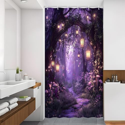 Fantasy Forest Path Shower Curtain Purple Fairy Magical Enchanted Misty Jungle Mushroom Floral Tree Butterfly Lantern Wonderland Bath Curtain Fabric Bathroom Accessories Decor with Hooks 35W x70L