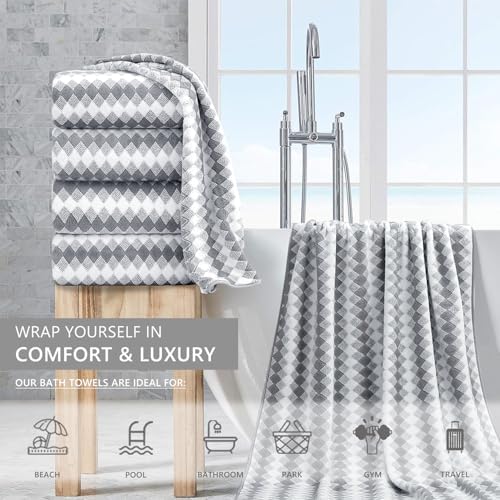 Bath Towel Set Gray 4Pack-35x70 Towel,600GSM Ultra Soft Microfibers Bathroom Towel Set Extra Large Plush Bath Sheet Towel,Highly Absorbent Quick Dry Oversized Towels Spa Hotel Luxury Shower Towels