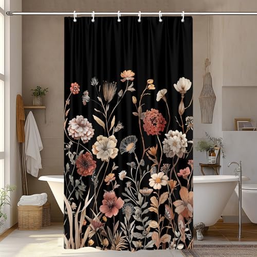 Vintage Boho Black Floral Shower Curtain, Beige Brown Cream Tan Rustic Farmhouse Flower Shower Curtain Set, Cute Botanical Wlidflowers Fabric Shower Curtains Decoration, 36X72 Bathroom Accessories