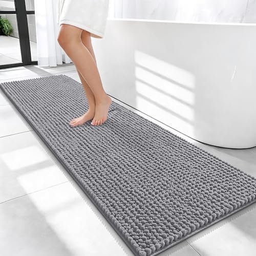 OLANLY Thick Chenille Bathroom Runner Rugs 59x20, Absorbent Bath Mat, Grey