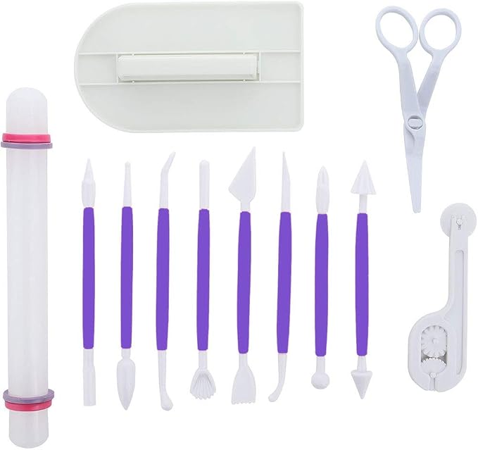 ScivoKaval Marshmallow Fondant Cake Decorating Hand Tool 12 Pcs 5 Sets Sugarcraft Gumpaste Icing Smoother Rolling Pin Trimmer Cutter Embosser Flower Scissor Modelling Accessories Supplies Kit Purple