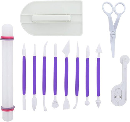 ScivoKaval Marshmallow Fondant Cake Decorating Hand Tool 12 Pcs 5 Sets Sugarcraft Gumpaste Icing Smoother Rolling Pin Trimmer Cutter Embosser Flower Scissor Modelling Accessories Supplies Kit Purple