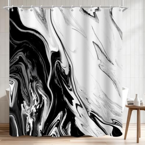 Black Marble Shower Curtain Modern Abstract Luxury Fluid Ink Texture Watercolor Bathroom Curtain Set with Hooks Soft and Lightweight Waterproof Fabric Machine Washable 48" Wx72 L