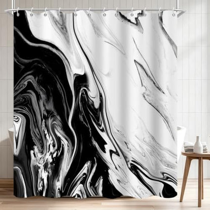 Black Marble Shower Curtain Modern Abstract Luxury Fluid Ink Texture Watercolor Bathroom Curtain Set with Hooks Soft and Lightweight Waterproof Fabric Machine Washable 36" Wx72 L
