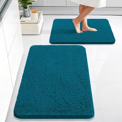 OLANLY Chenille Bathroom Rugs Sets 2 Piece, 30"x20"+24"x16", Peacock Blue
