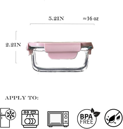 Square 2cup Glass Food Storage Containers with Airtight Lids, 16oz Glass Meal Prep Containers, Square Food Bowl For Lunch, Fruit, Snack, Dishwasher Microwave Freezer Safe (Pink+Green)