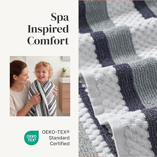 Modern Threads 6 Piece Bath Towel Set – Bathroom Towel Set with 2 Bath Towels, 2 Hand Towels & 2 Washcloths – 100% Cotton, Soft & Absorbent – Wide Stripe (Blue)
