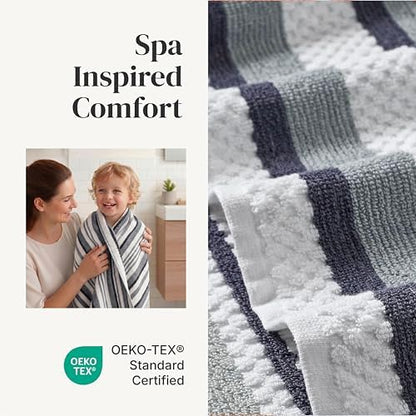 Modern Threads 6 Piece Bath Towel Set – Bathroom Towel Set with 2 Bath Towels, 2 Hand Towels & 2 Washcloths – 100% Cotton, Soft & Absorbent – Wide Stripe (Blue)