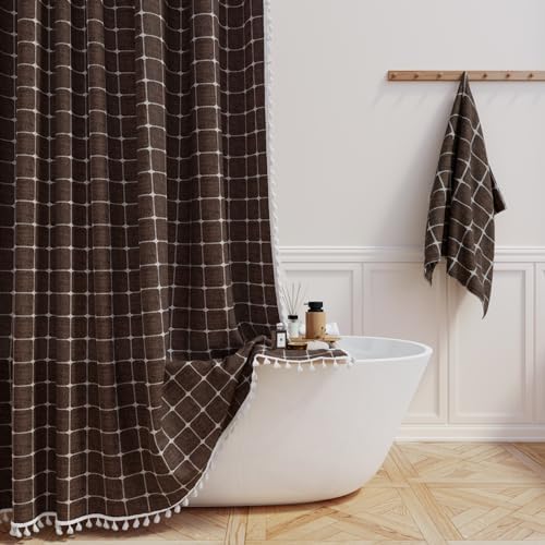 BTTN Extra Long Boho Linen Heavy Duty Fabric Shower Curtain, 72x96, Brown