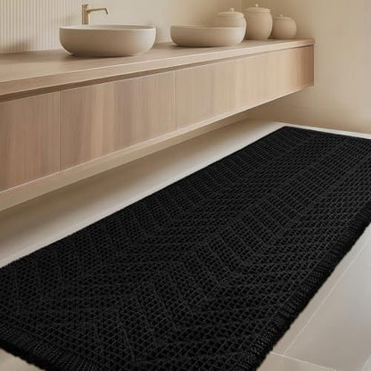 IM HOME Extra Large Waffle Bath Mat, Boho Bathroom Rugs Absorbent Non Slip, Ultra Soft Bathroom Mat, Machine Washable Knit Bath Rugs with Herringbones for Bathroom, Bedroom, Kitchen, 5'x2', Black