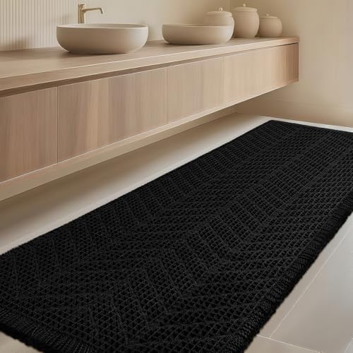 IM HOME Extra Large Waffle Bath Mat, Boho Bathroom Rugs Absorbent Non Slip, Ultra Soft Bathroom Mat, Machine Washable Knit Bath Rugs with Herringbones for Bathroom, Bedroom, Kitchen, 6'x2', Black