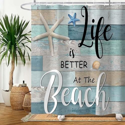 Beach Shower Curtain, Rustic Vintage Wood Ocean Quote Words Summer Fabric Decor Bath Curtain, Nautical Coastal Starfish Theme Bathroom Curtain Accessories with Hooks 47X64in