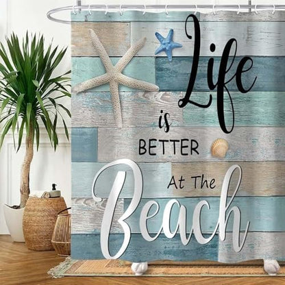 Beach Shower Curtain, Rustic Vintage Wood Ocean Quote Words Summer Fabric Decor Bath Curtain, Nautical Coastal Starfish Theme Bathroom Curtain Accessories with Hooks 47X64in