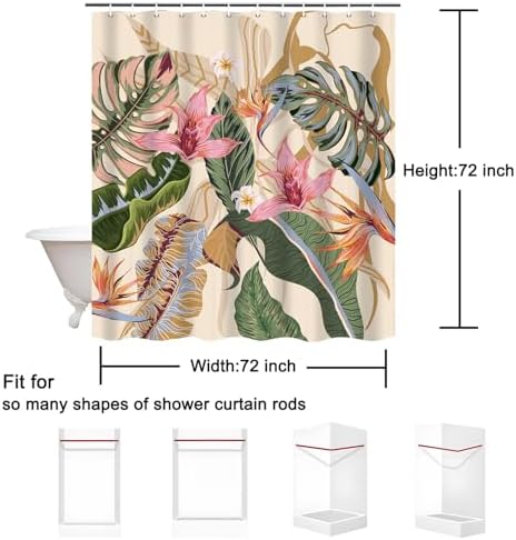 Tropical Shower Curtain Waterproof Fabric Bathroom Curtain with Hooks 72x72 inch, Colorful Floral Jungle Plant Leaf Bathroom Decor