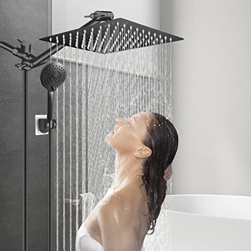 12” Black High/Low Pressure Water Rain Shower Head with 11” Extension Arm