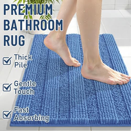 Grandaily Chenille Striped Bathroom Rugs 44x24, Extra Thick and Soft Absorbent Bath Mats, Rubber Backing, Plush Shaggy Shower Carpet, Machine Wash Dry, Bath Rug for Bathroom, Cornflower Blue