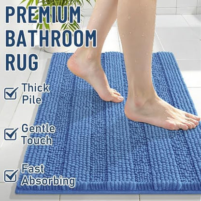 Grandaily Chenille Striped Bathroom Rugs 47x17, Extra Thick and Soft Absorbent Bath Mats, Rubber Backing, Plush Shaggy Shower Carpet, Machine Wash Dry, Bath Rug for Bathroom, Cornflower Blue