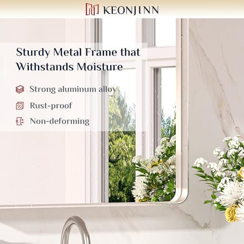 Keonjinn 28 x 36 Inch Brushed Nickel Bathroom Mirror, Tempered Glass