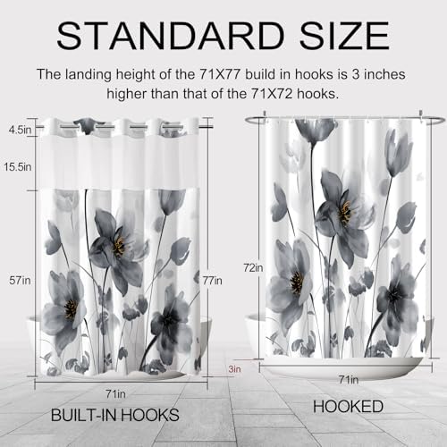 No Hook Shower Curtain and Liner Set, Black Boho Floral 71x77