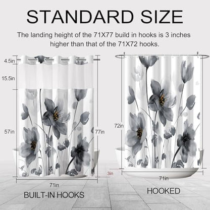 No Hook Shower Curtain and Liner Set, Black Boho Floral 71x77