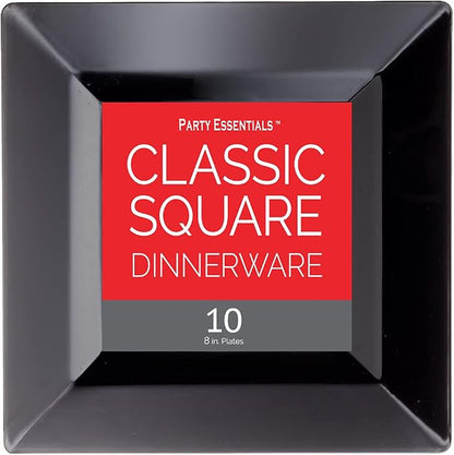 Party Essentials Party Supplies Disposable Classic Square Plastic Plates For Wedding/All Occasions, 8", 10-Count, Black