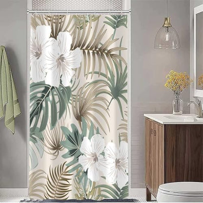Tropical Shower Curtain for Bathroom, Green Palm Tree Flower Plant Boho Leaf Banana Monstera Sage Beige Shower Curtains Set, Fabric Bathroom Accessories with Hooks 48x72 Inch