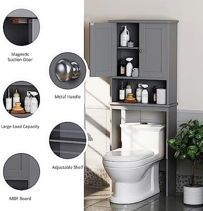 Over the Toilet Storage Cabinet, Bathroom Storage Cabinet Over Toilet with 2 Wood Doors, Freestanding Space Saver, Adjustable Shelf & Open Shelf, Grey