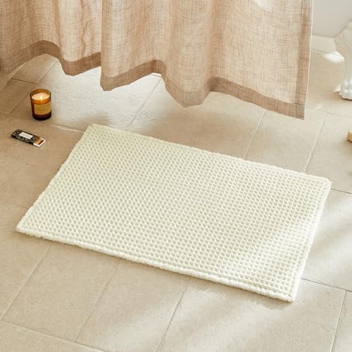 TYUU Cream White Waffle Bath Mat, Boho Bathroom Rugs Non Slip, 30x20