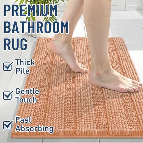 Grandaily Chenille Striped Bathroom Rugs 44x24, Extra Thick and Soft Absorbent Bath Mats, Rubber Backing, Plush Shaggy Shower Carpet, Machine Wash Dry, Bath Rug for Bathroom, Peach