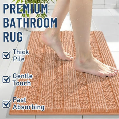 Grandaily Chenille Striped Bathroom Rugs 44x24, Extra Thick and Soft Absorbent Bath Mats, Rubber Backing, Plush Shaggy Shower Carpet, Machine Wash Dry, Bath Rug for Bathroom, Peach