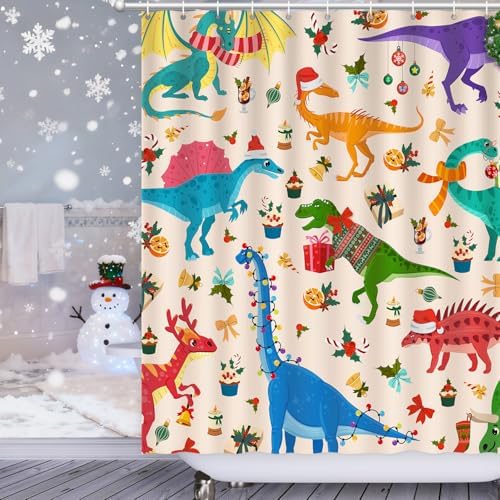Shower Curtain Christmas, Kids Shower Curtain Santa's Hat Dinosaur Party Gift Box Cake Candy Jingling Bell String Light Xmas Theme Machine Washable Home Farmhouse Waterproof Decor Bathroom Curtain