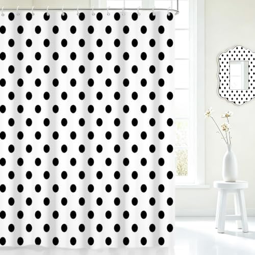 Polka Dots Shower Curtain, Black White Waterproof Fabric Shower Curtain for Bathroom with Modern Abstract Geometric Circle Bath Curtain Decor with Hooks, Machine Washable, 60''Wx72''L