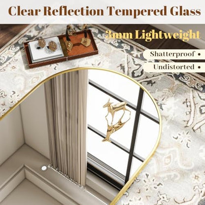 VooBang Arched Wall Mirror, 26 x 28 inch Arch Bathroom Mirror, Wall Mounted Vanity Mirror with Arch Metal Frame, Modern Bathroom Vanity Mirror for Bedroom, Living Room, Hanging or Leaning, Gold