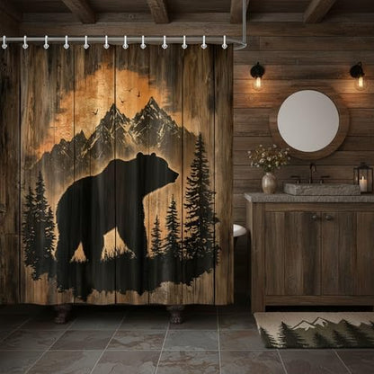 Rustic Cabin Shower Curtain for Bathroom, Forest Bear Wooden Bath Curtains, Wildlife Country Hunting Camping Waterproof Fabric Bathroom Curtain Accessories Set with Hooks,60X70IN